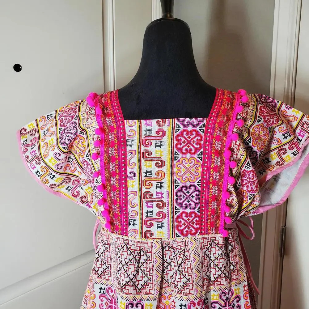 Pink Boho Thai Dress One Size Midi Tie Sides Embroidered Multi Color - Picture 14 of 16